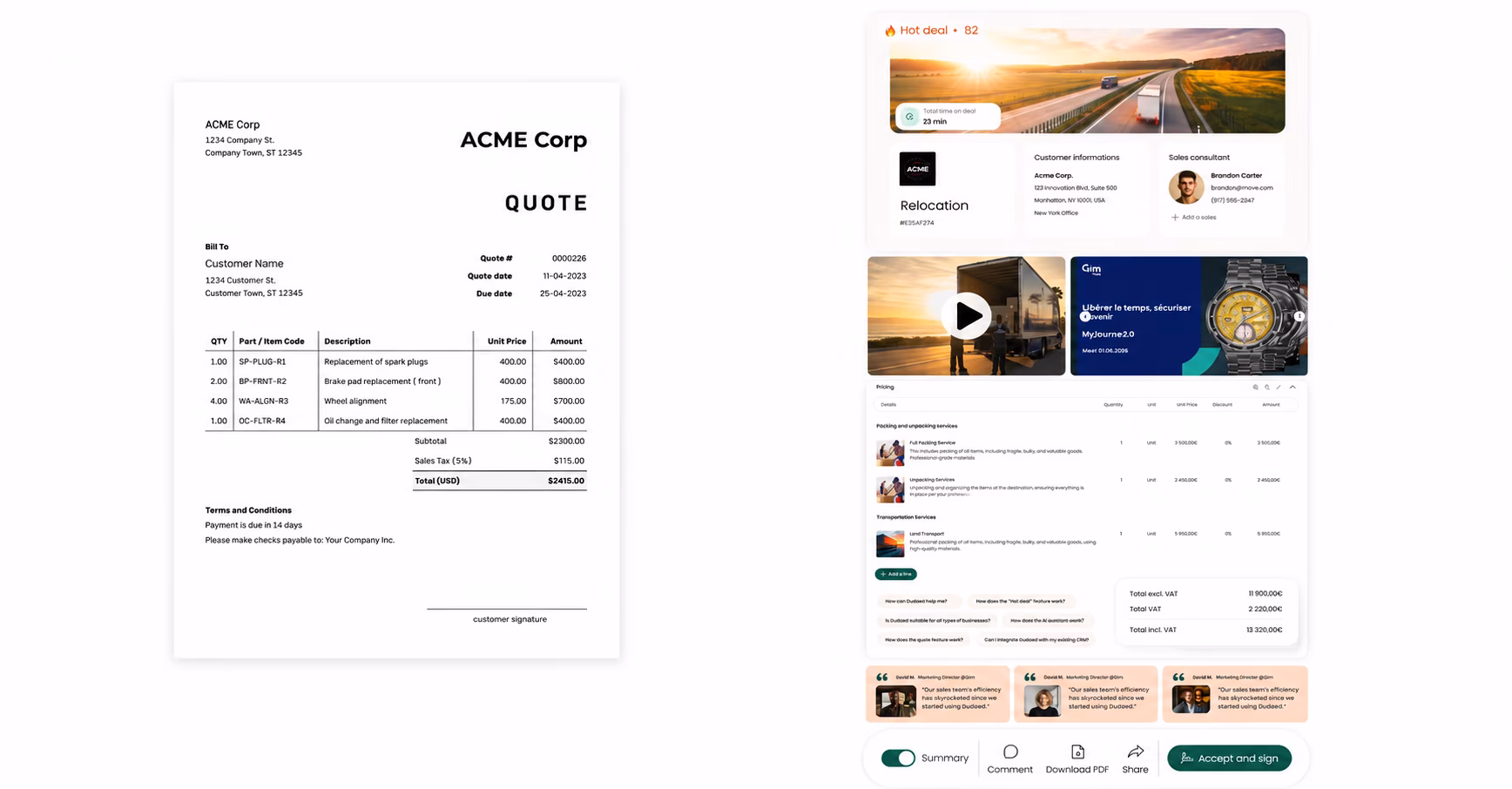 Un devis PDF traditionnel à côté d'une proposition interactive Duodeal