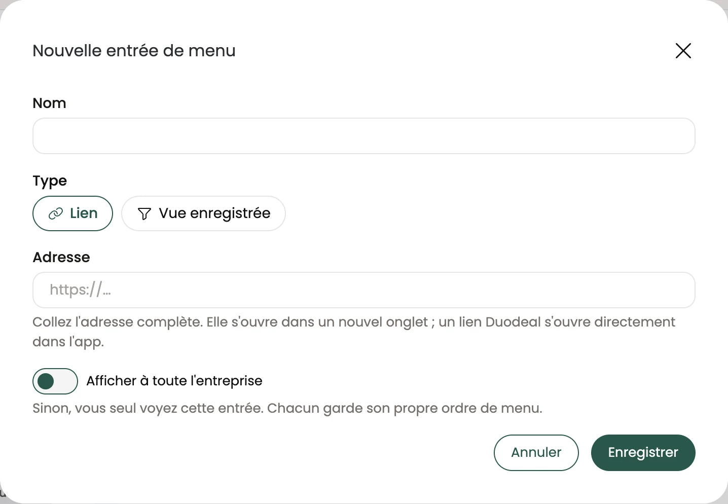 La fenêtre « Nouvelle entrée de menu »