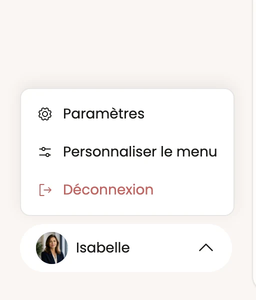 Le menu utilisateur, ouvert depuis le bas de la barre latérale