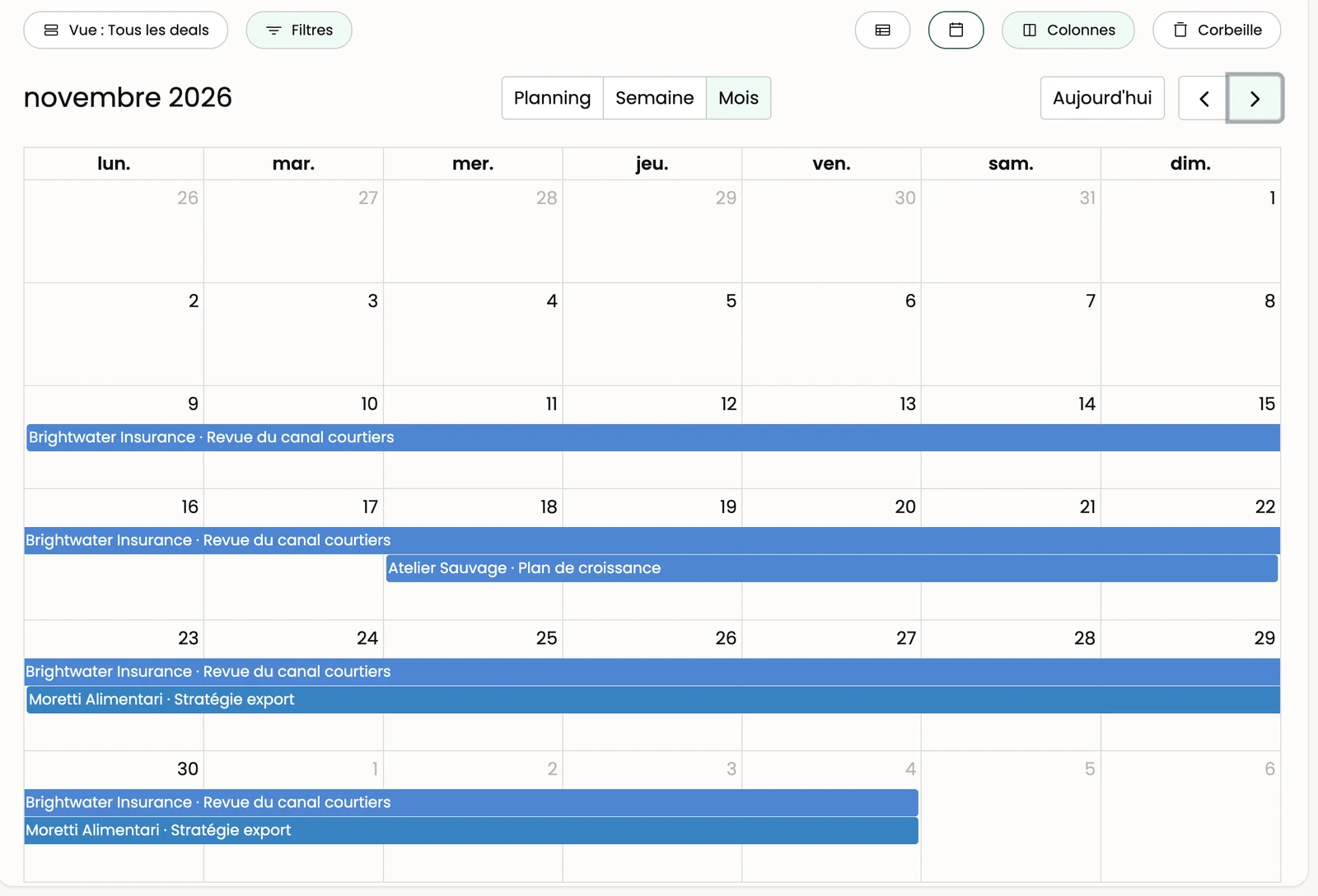 La vue Calendrier, affichage Mois