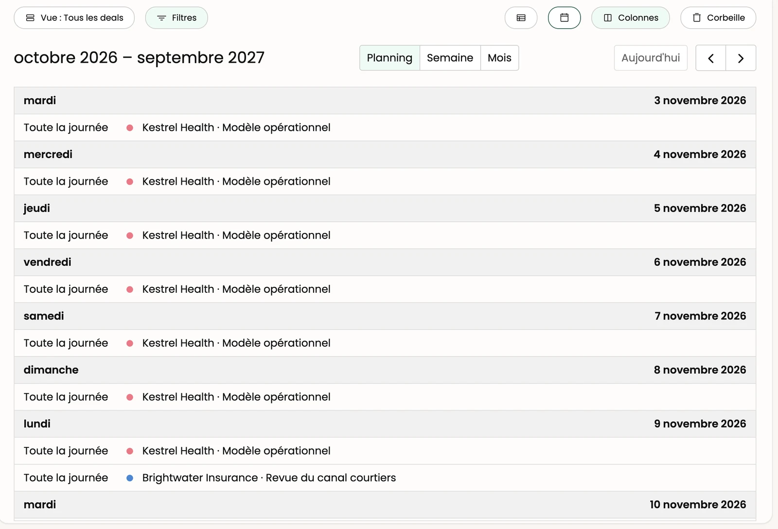 La vue Calendrier, affichage Planning