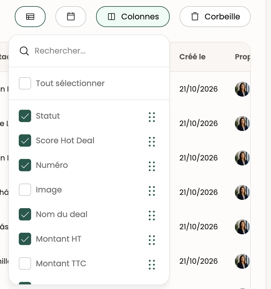Le panneau de gestion des colonnes
