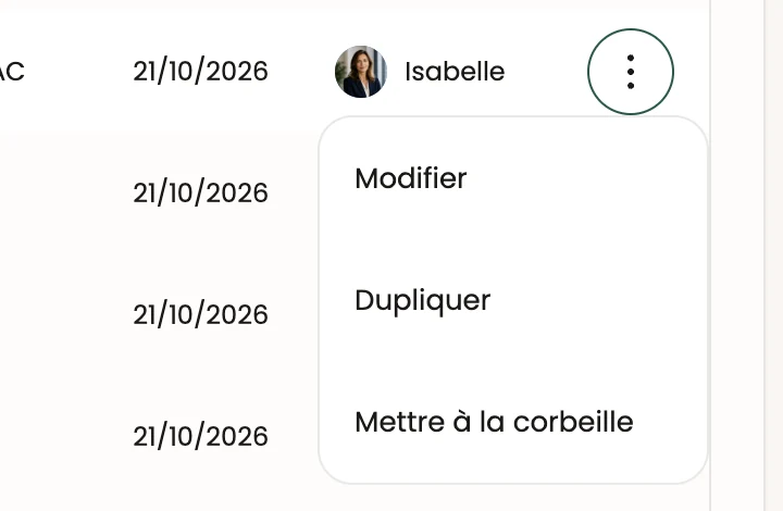 Le menu d'actions d'un deal