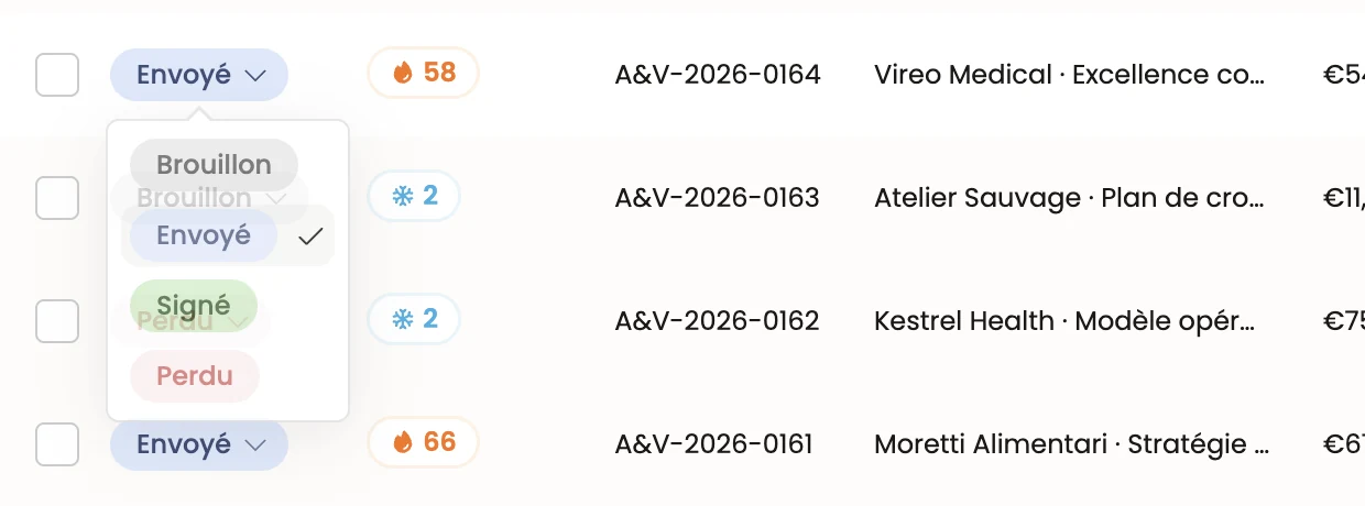 Le menu de statut ouvert depuis la liste
