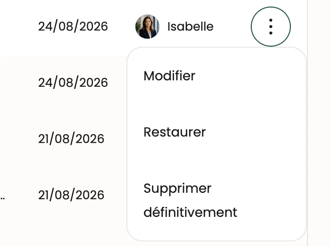 Le menu d'un deal dans la corbeille