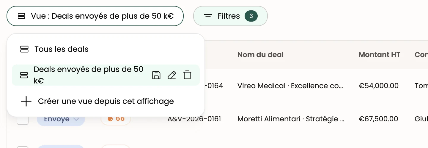 Le menu des vues, avec une vue enregistrée