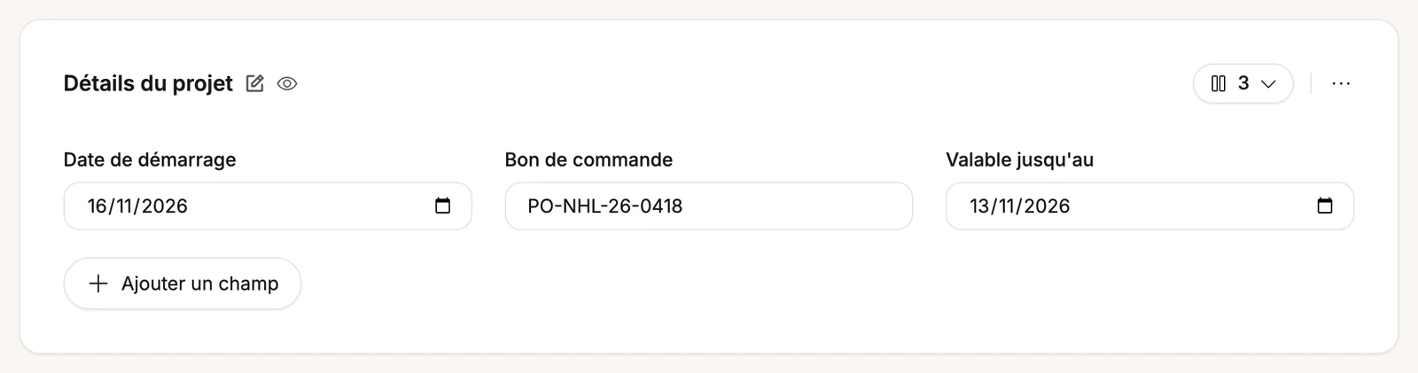 Le bloc Custom Fields sur trois colonnes