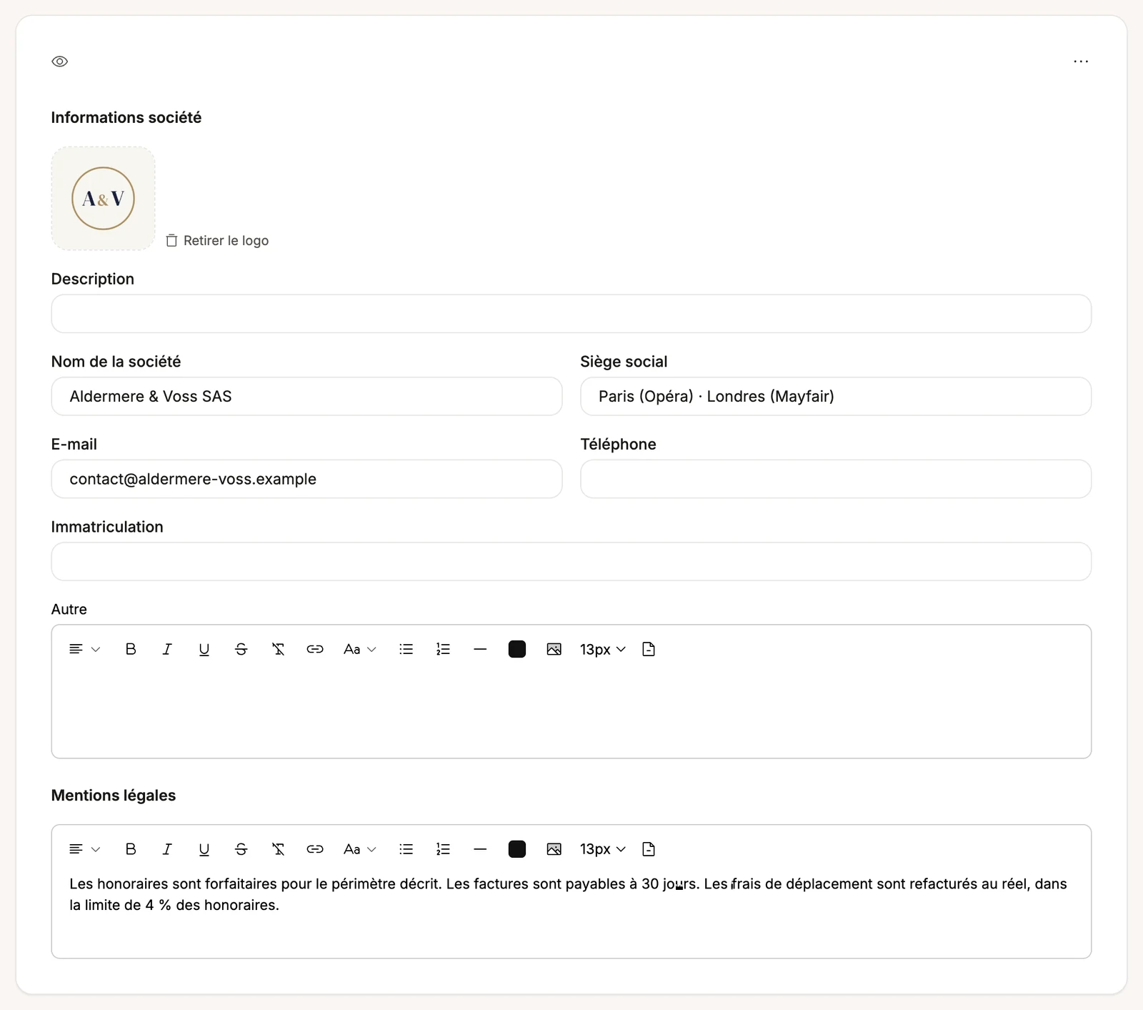 Le bloc Legal notices dans l'éditeur