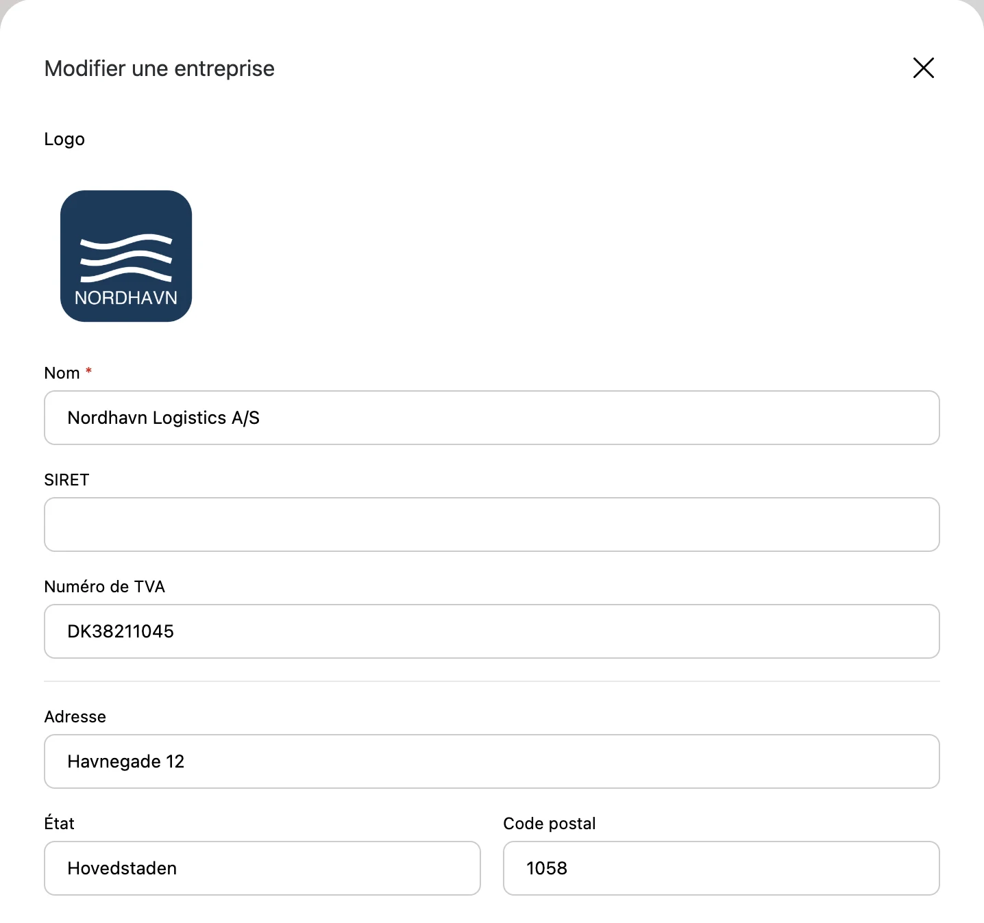 « Modifier une entreprise » ouvert depuis le bloc Contacts