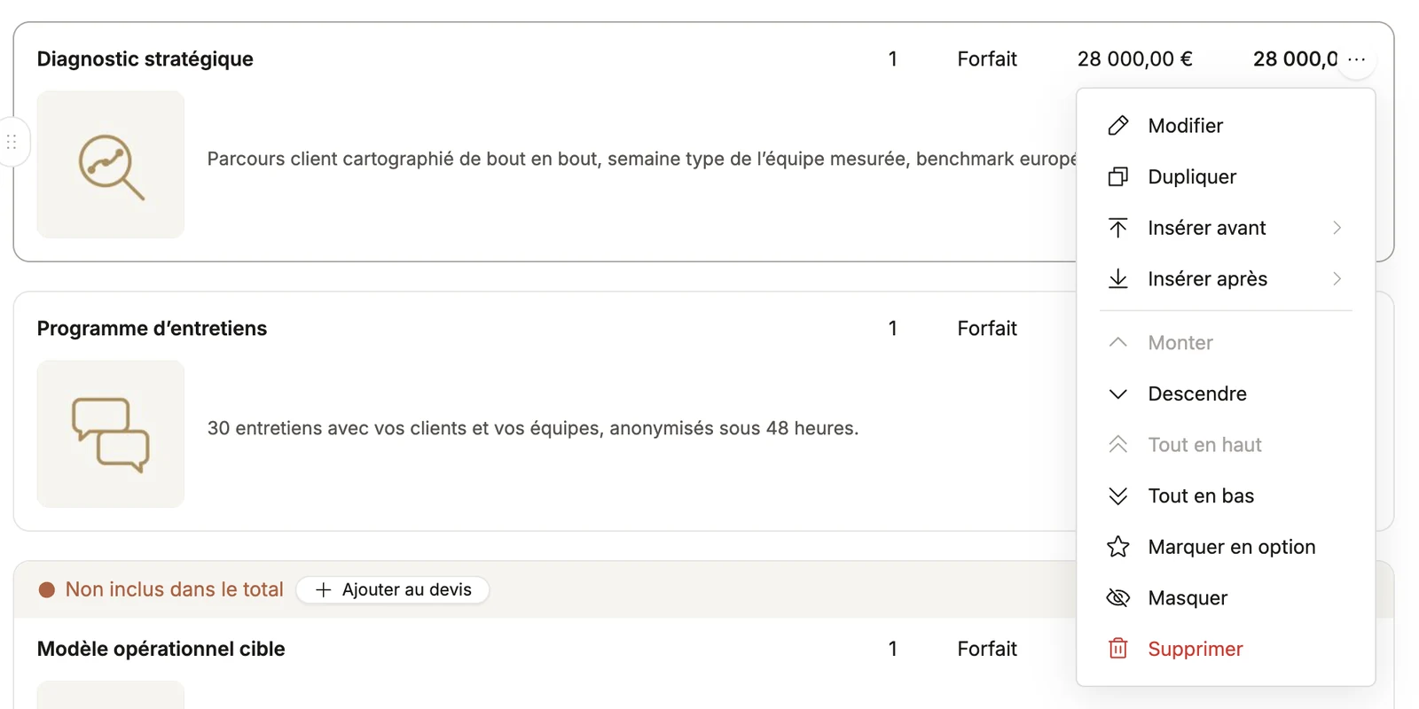 Le menu d'une ligne de prix