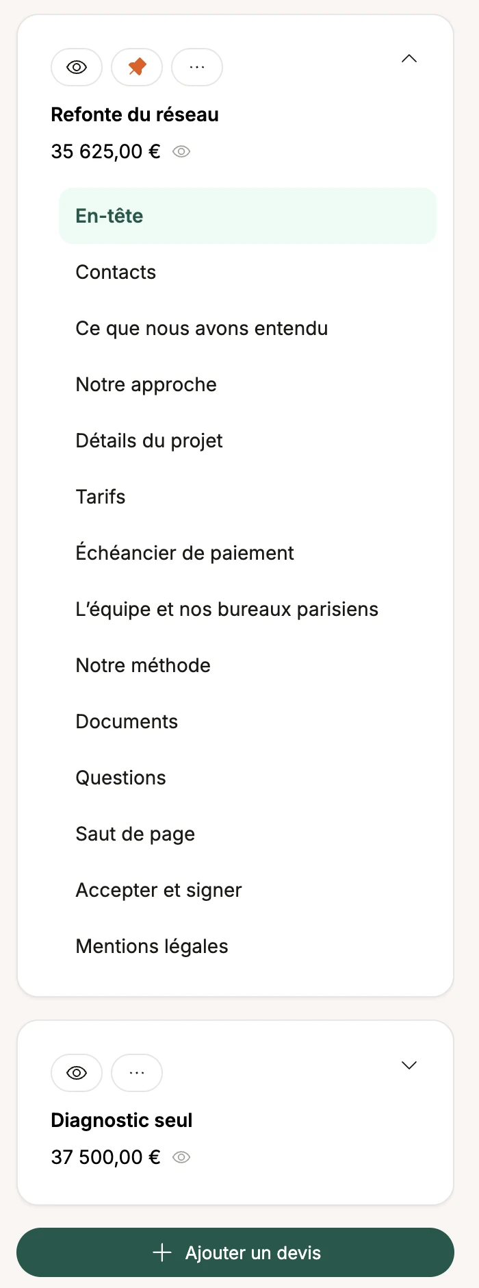Les cartes de propositions et le sommaire déplié