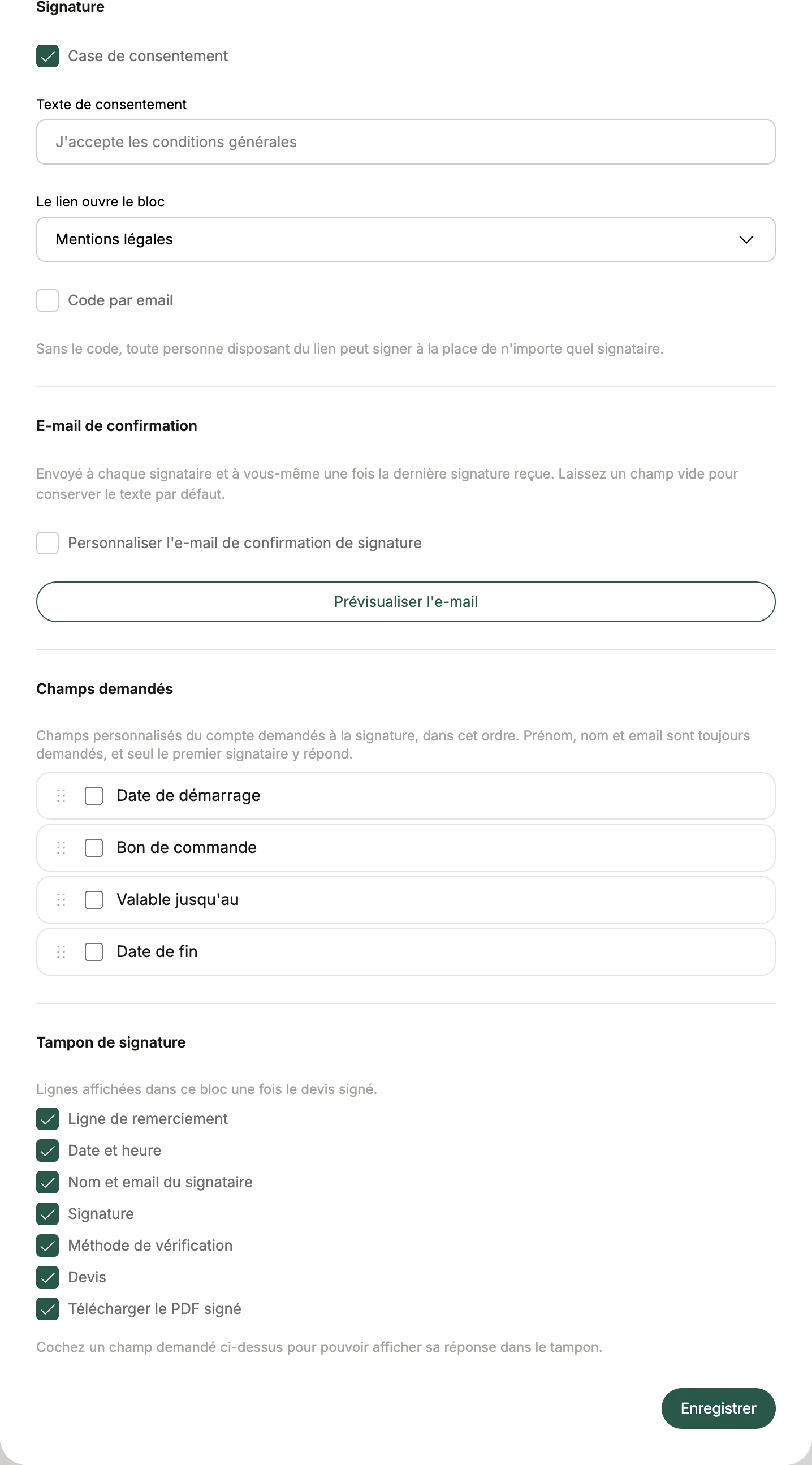 Les réglages du bloc : e-mail de confirmation, champs demandés, tampon