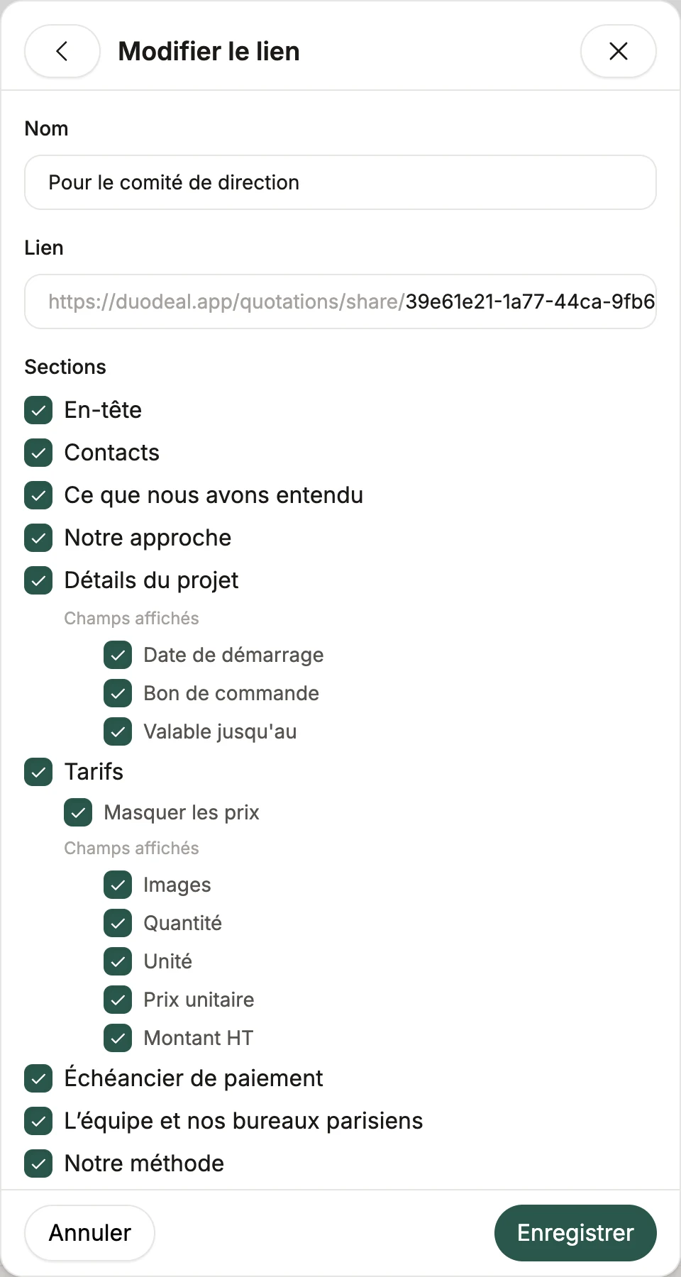 Le paramétrage d'un lien personnalisé