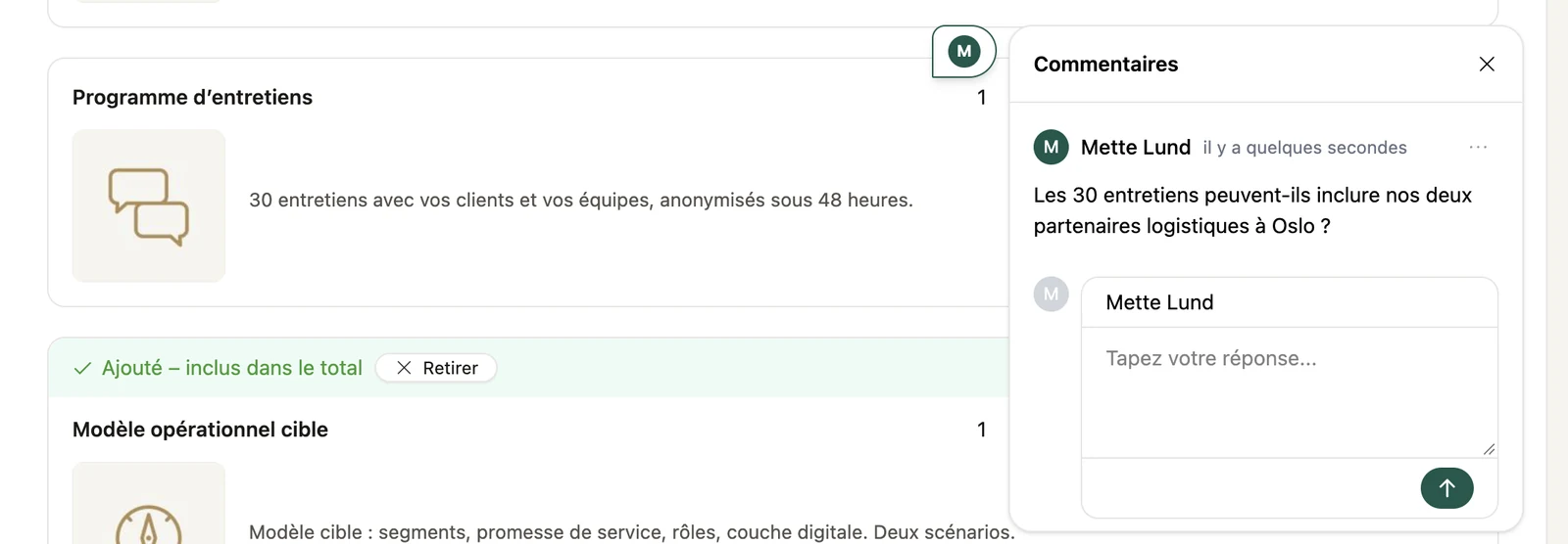 Un commentaire posé sur le tableau de prix