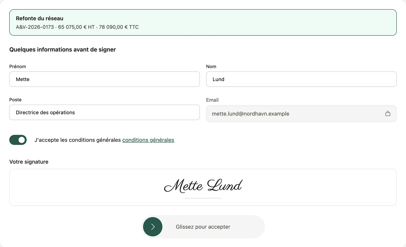 Conditions acceptées : le curseur est prêt