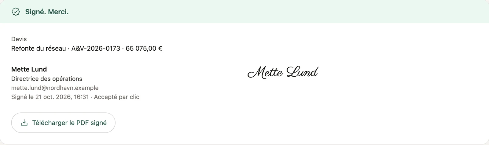 Le tampon de signature, sur la page client