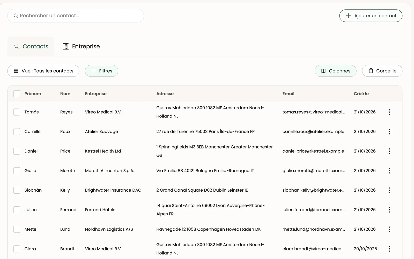 La liste des contacts