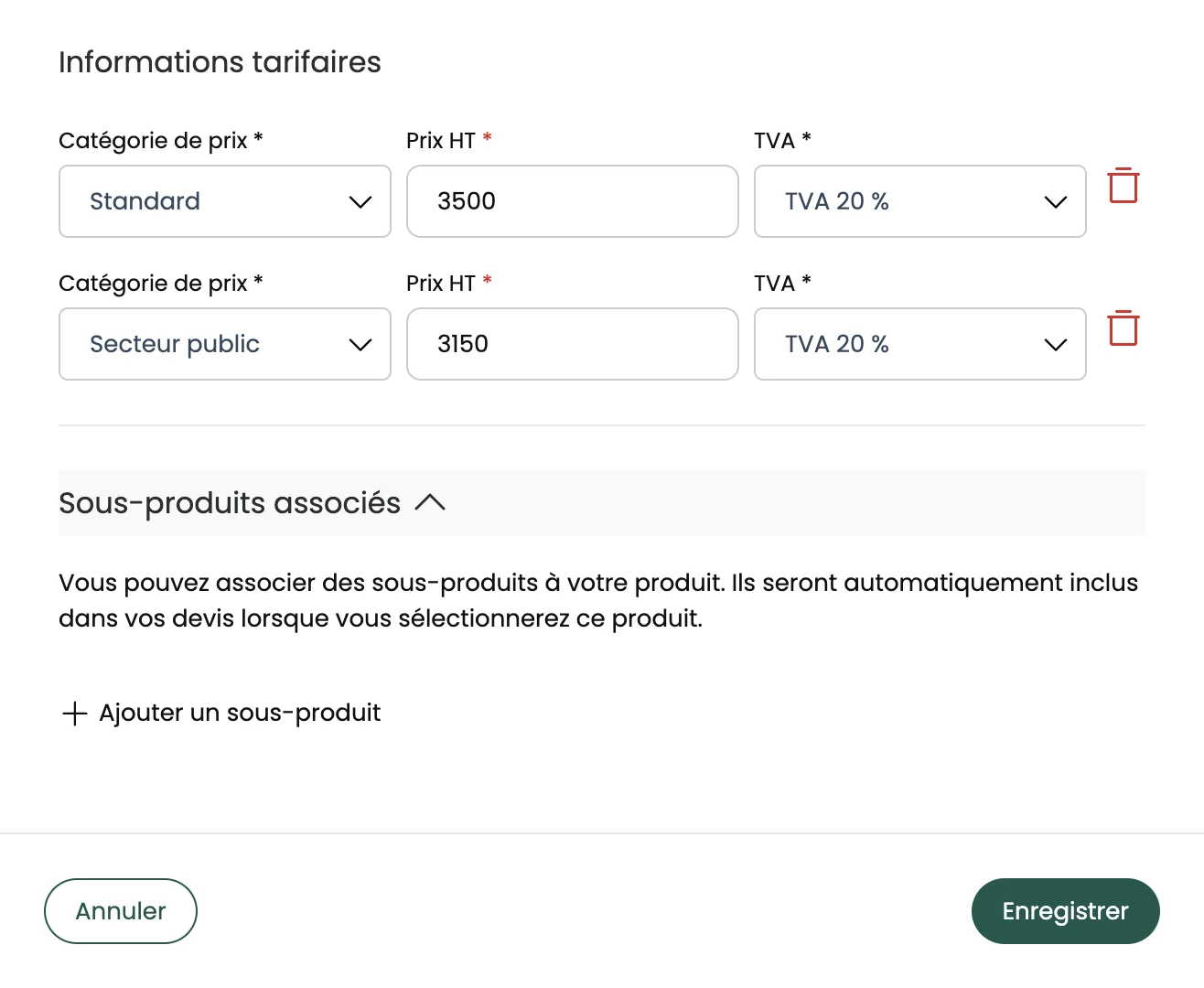 Les prix par catégorie et les sous-produits