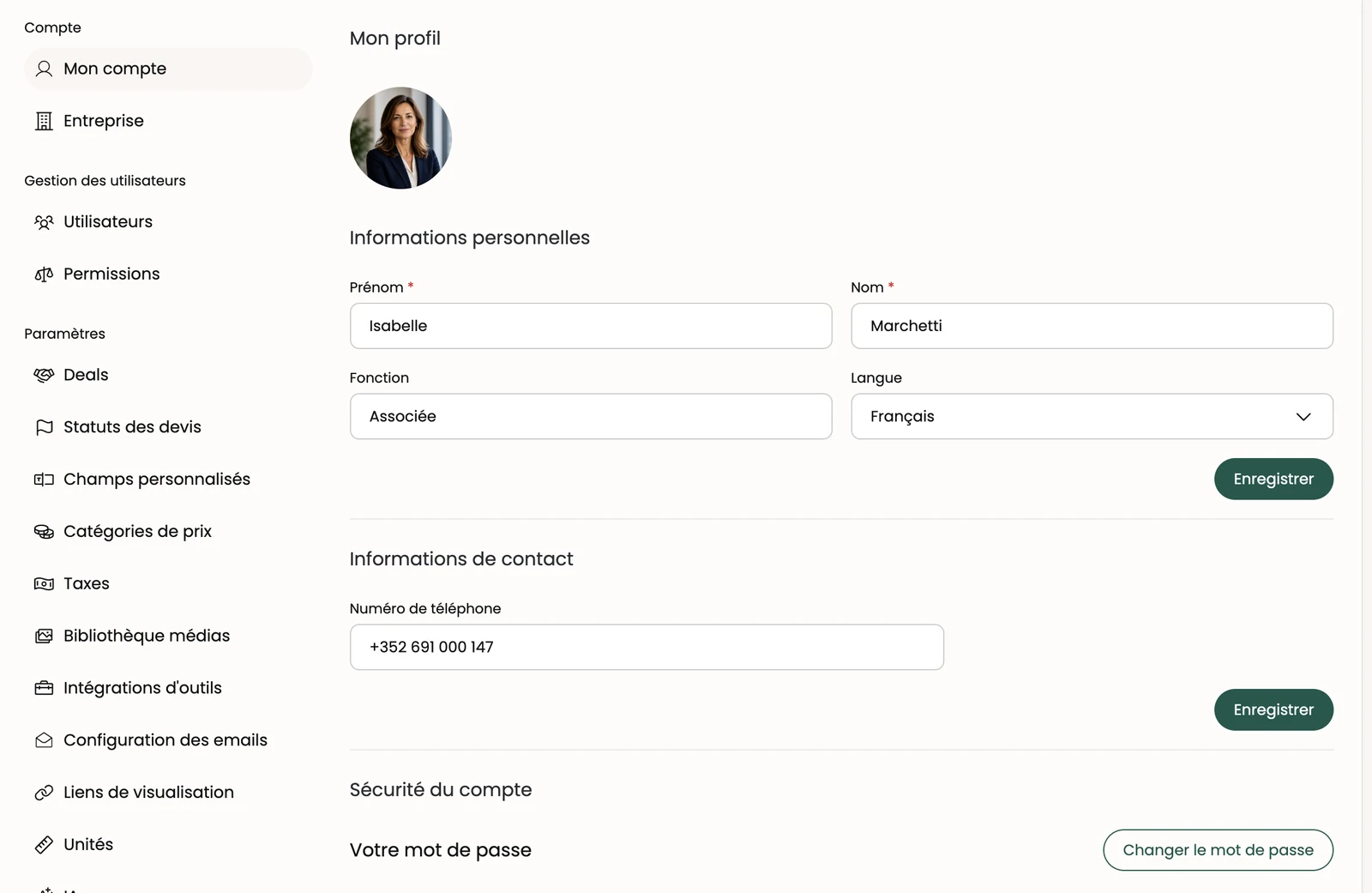 La page My Account et le menu des paramètres