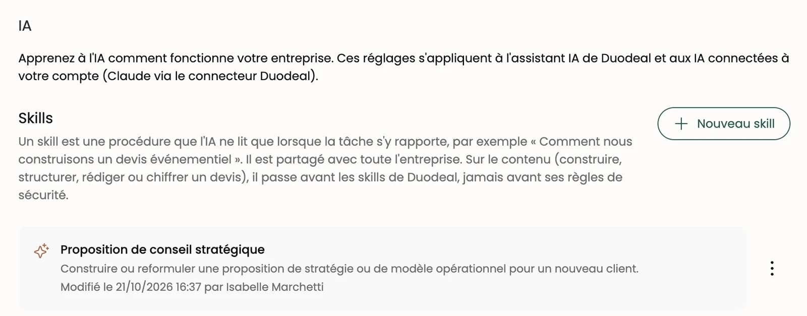 La page AI, avec un skill