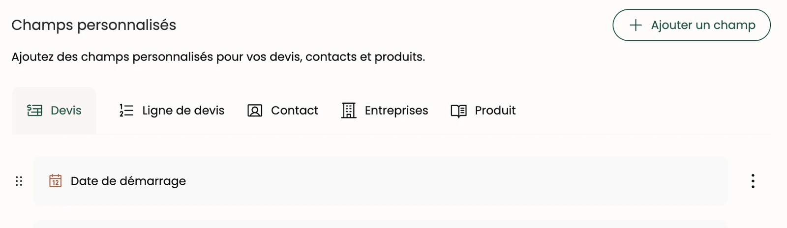 La page Custom Fields