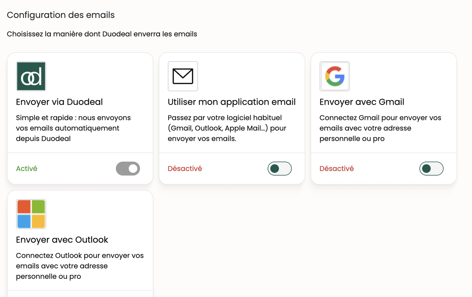 La page Emails configuration