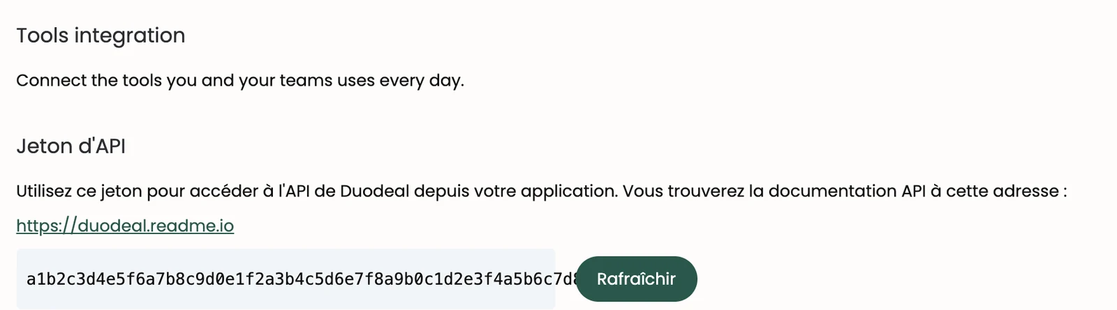 La page Tool Integrations (clé d'exemple)