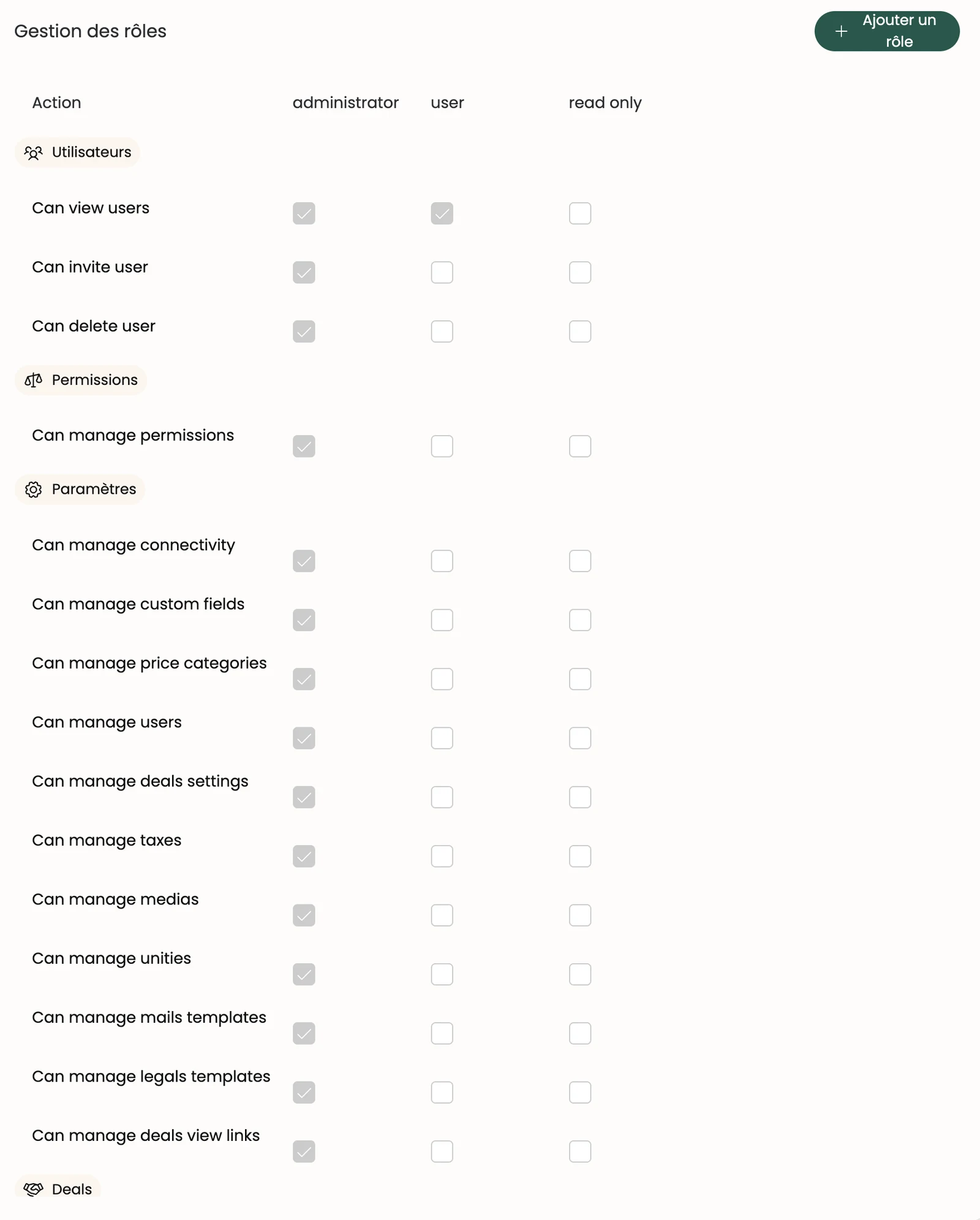 La page Permissions