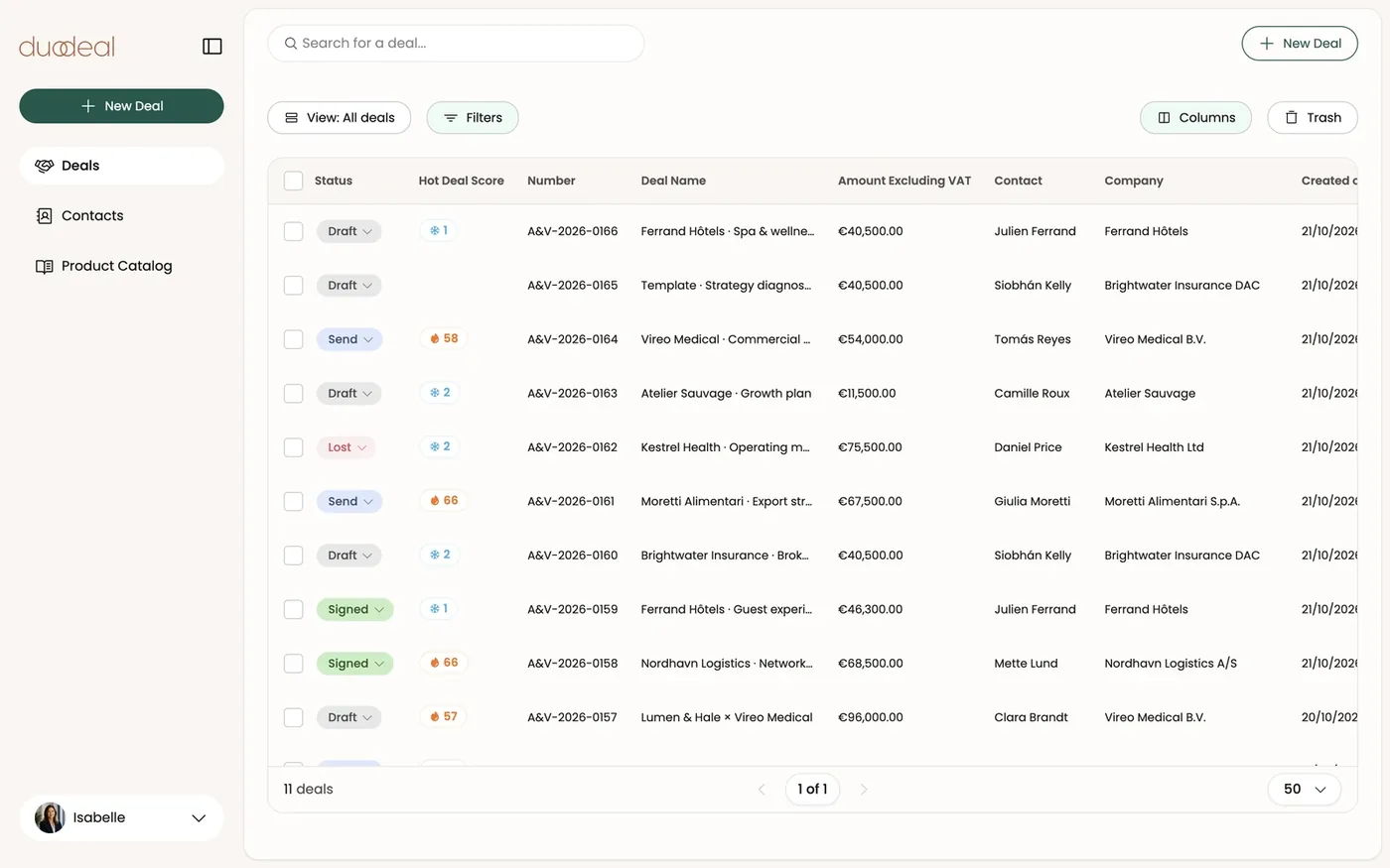 Overview: sidebar on the left, search and action button at the top, deal list in the center