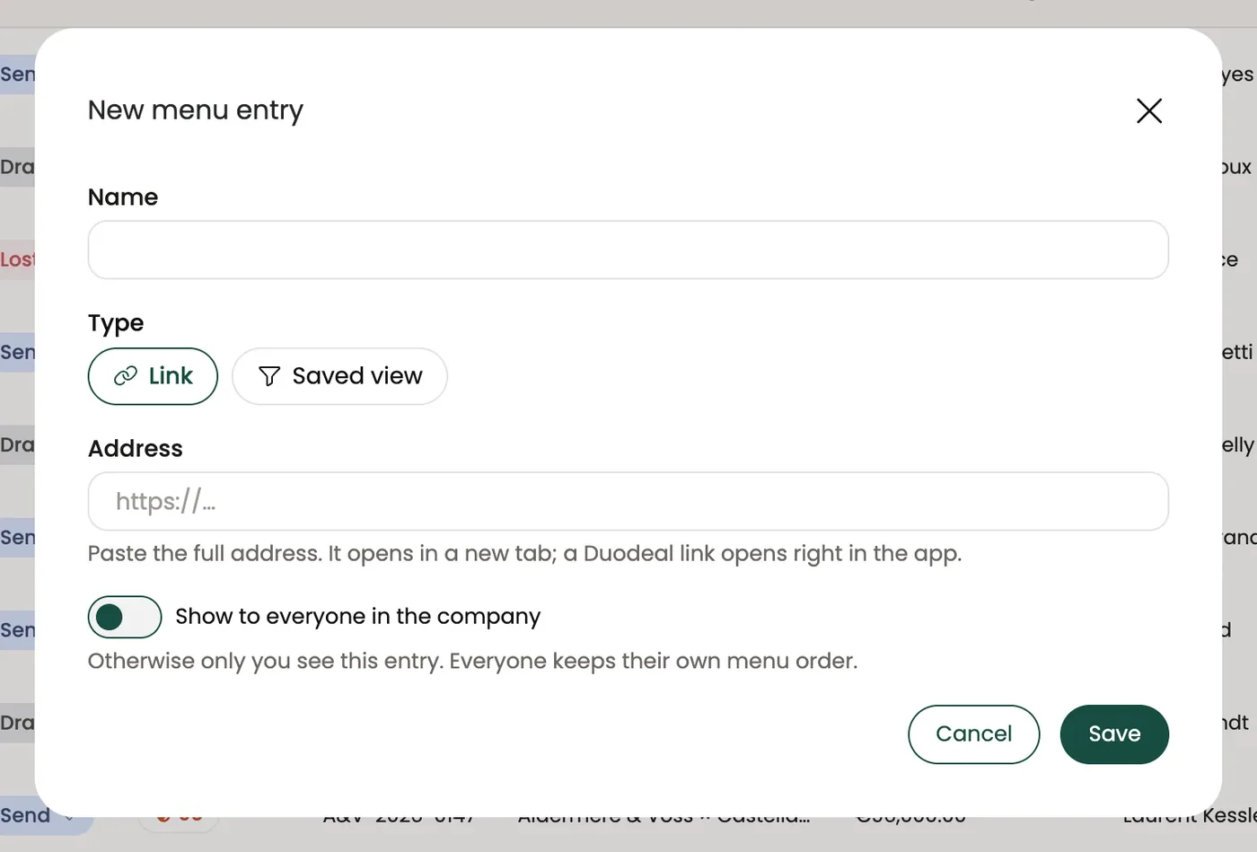 The "New menu entry" window