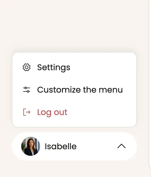 The user menu, opened from the bottom of the sidebar