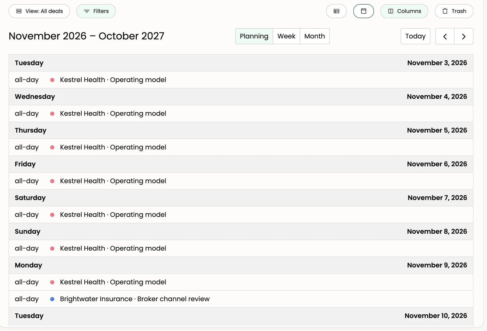Calendar view, Planning display