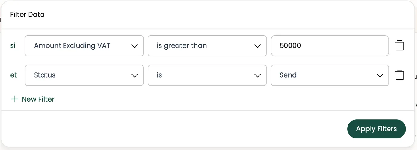 The filters panel with two conditions