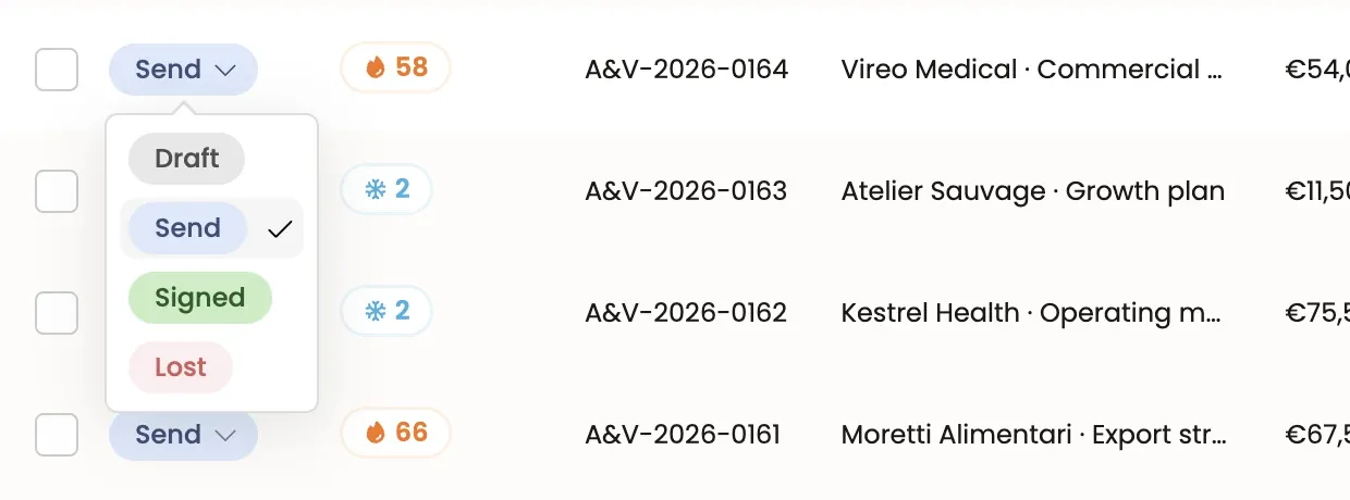 The status menu opened from the list