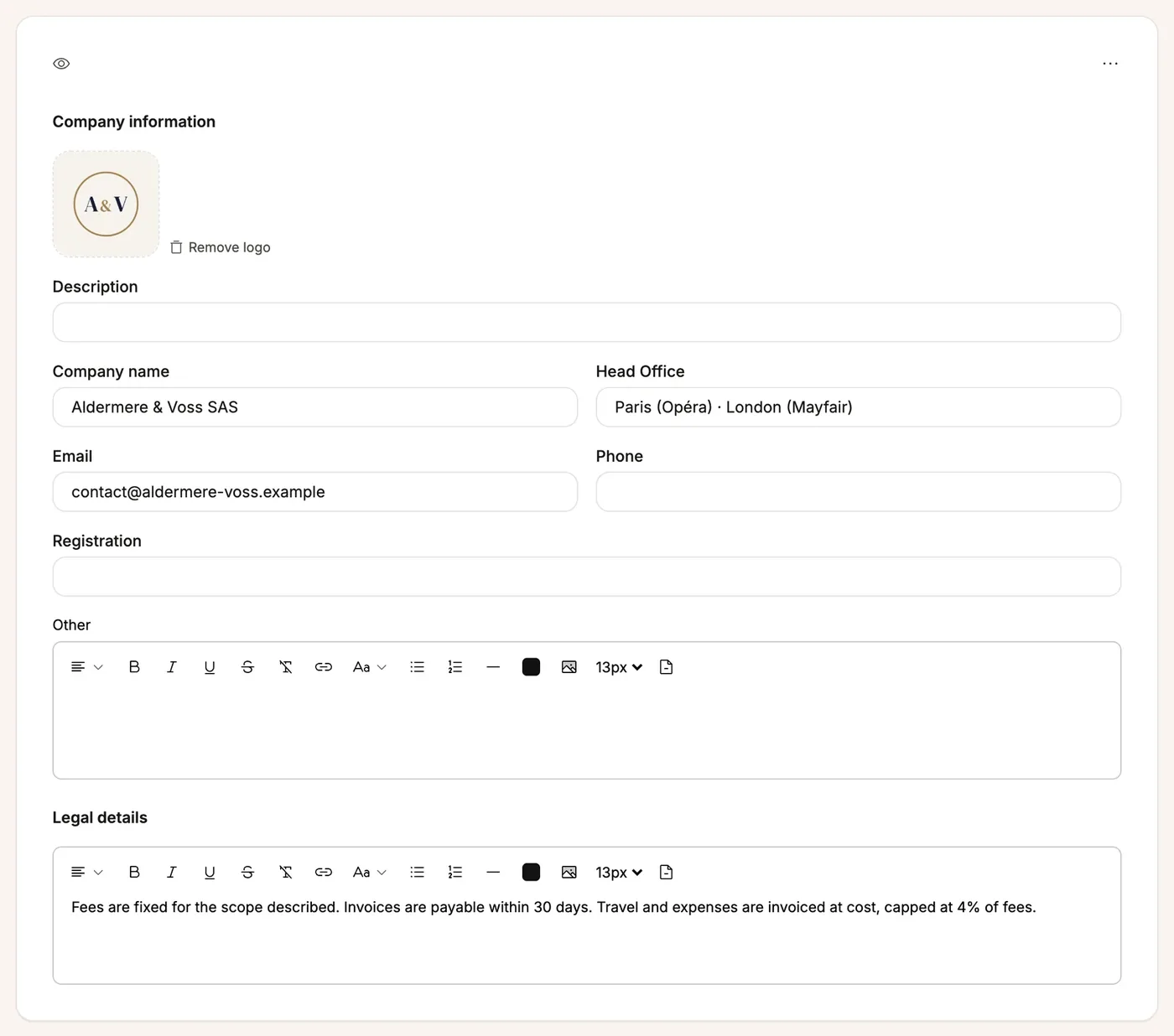 The Legal notices block in the editor