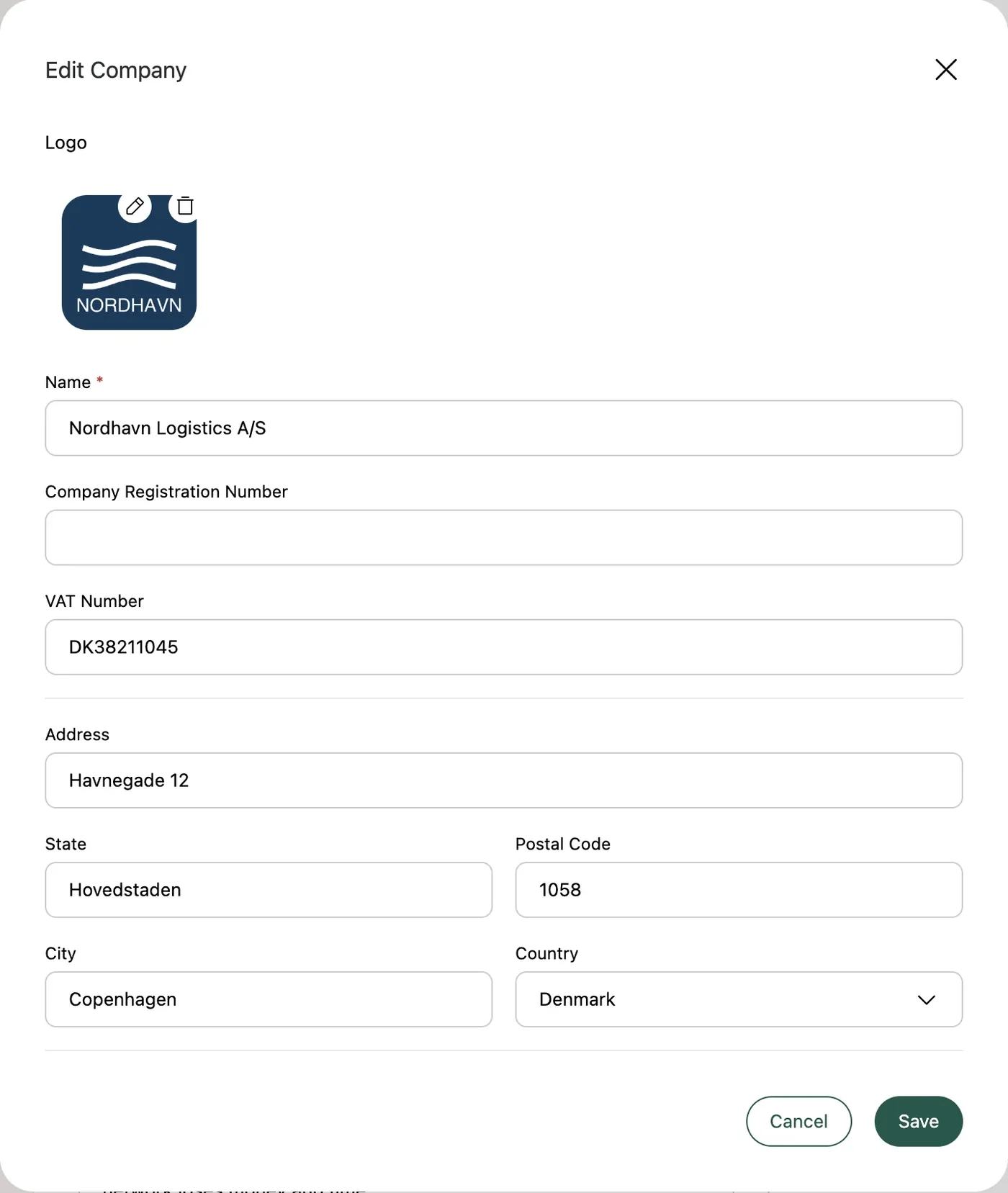 "Edit Company" opened from the Contacts block