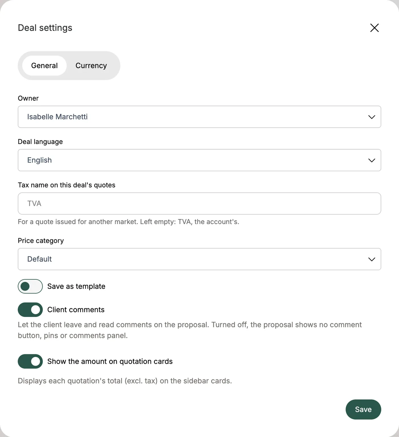 Deal settings, General tab