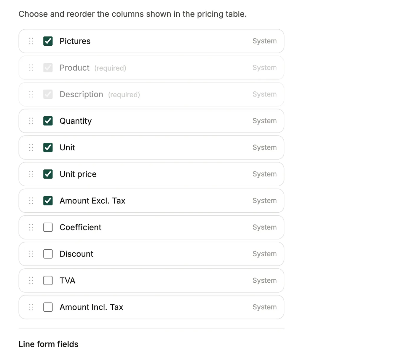 Choosing the table's columns
