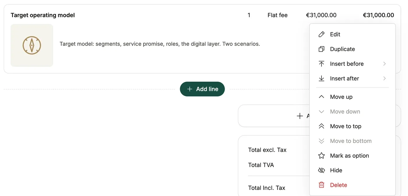 A pricing line's menu