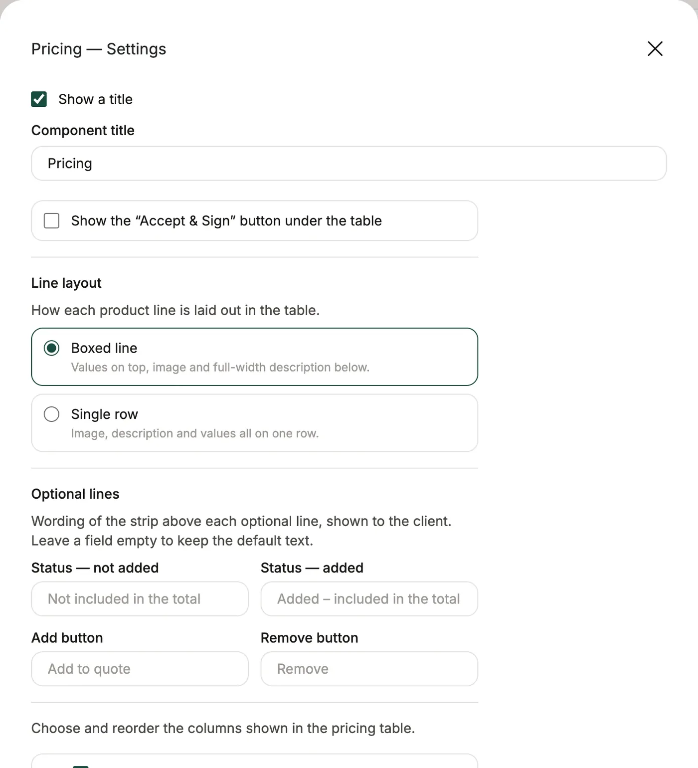 The pricing table settings