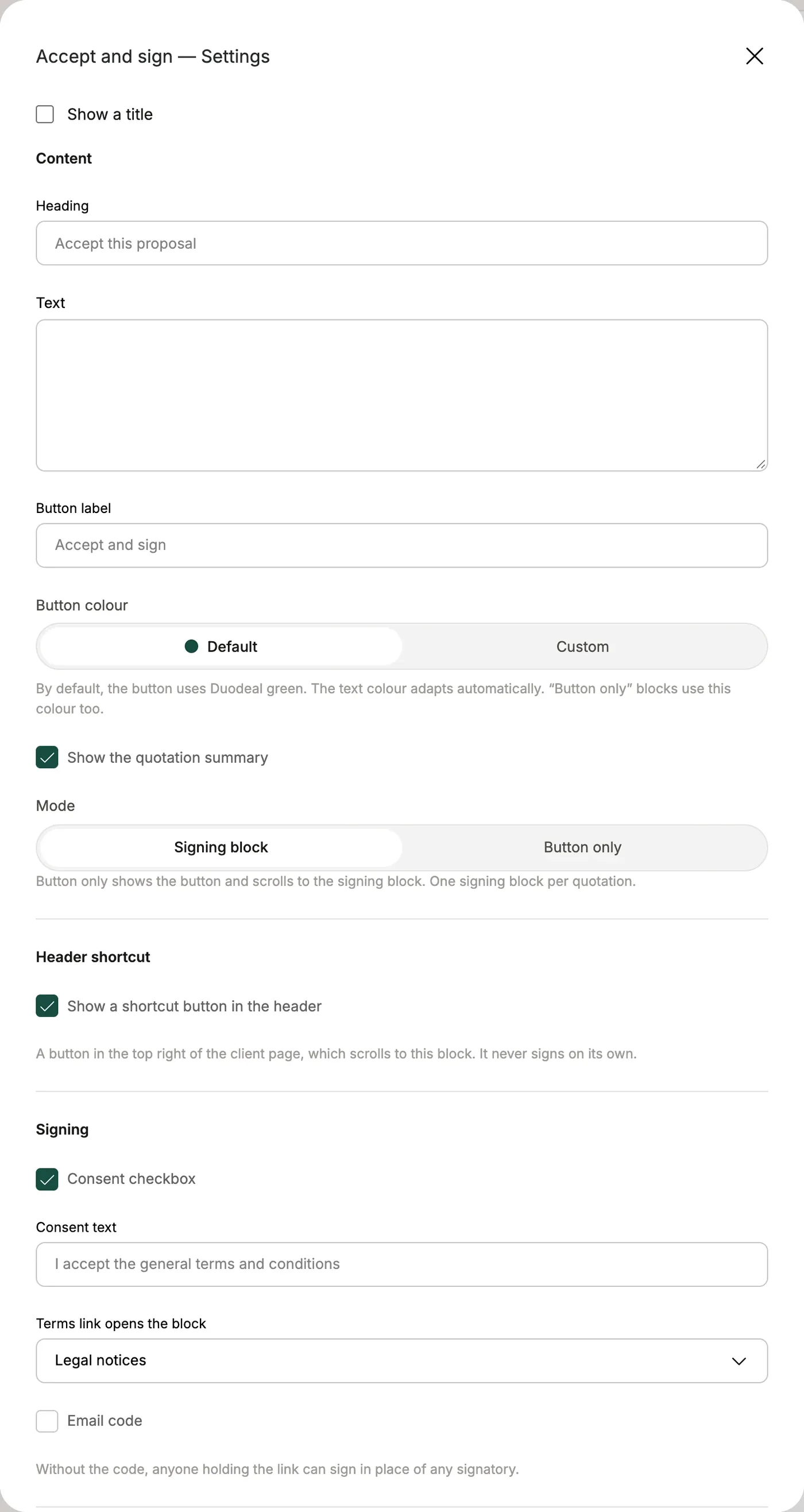 Block settings: content, shortcut, signing