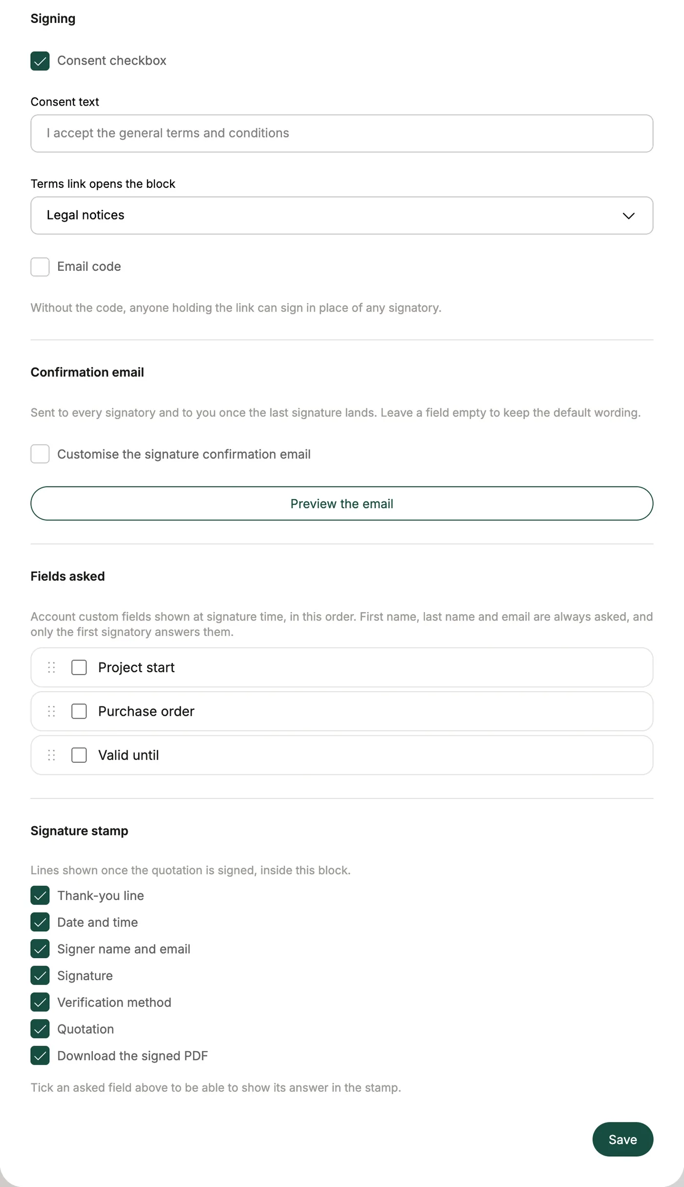 Block settings: confirmation email, fields asked, stamp