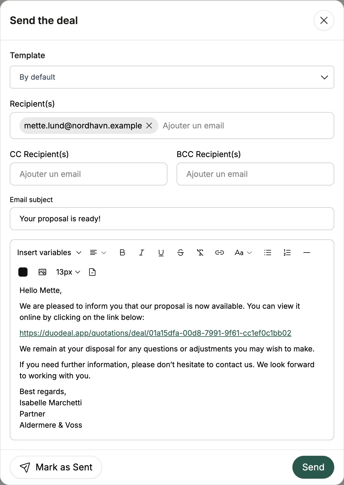 The "Send the deal" window