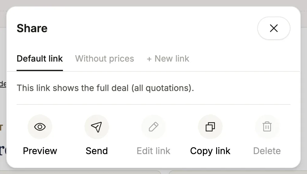 A proposal's links: the default link and a "Without prices" link