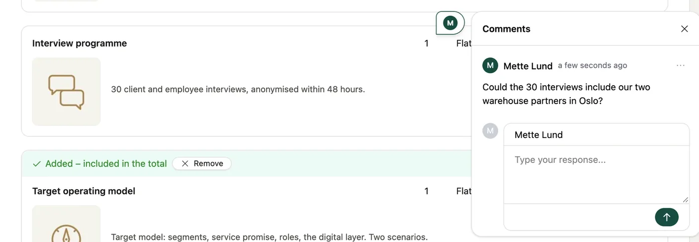 A comment placed on the pricing table