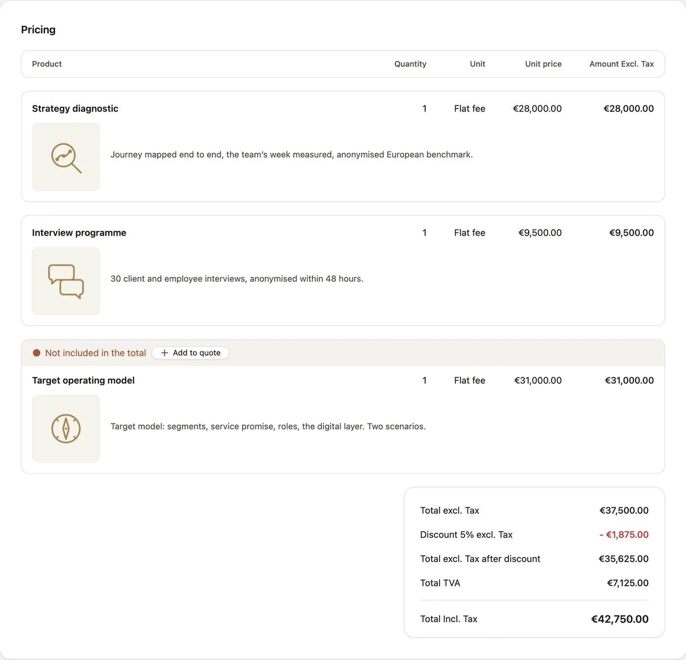 The pricing table on the client side, option not taken