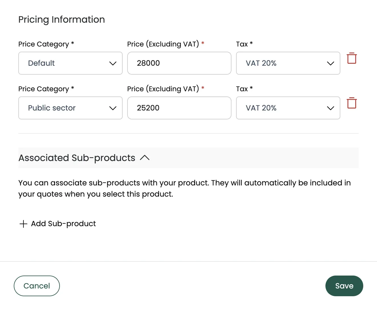 Prices per category and sub-products