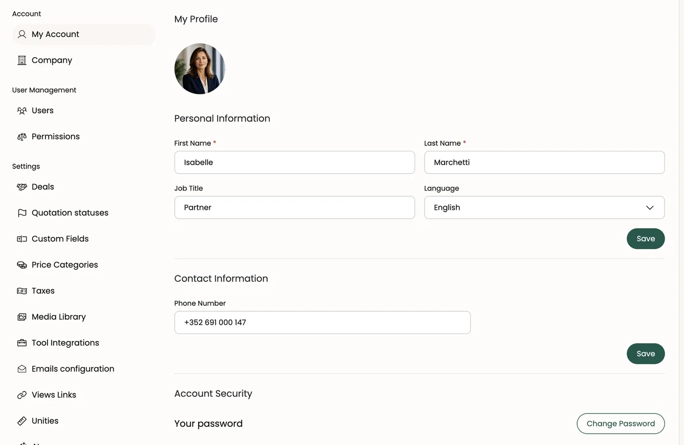 The My Account page and the settings menu