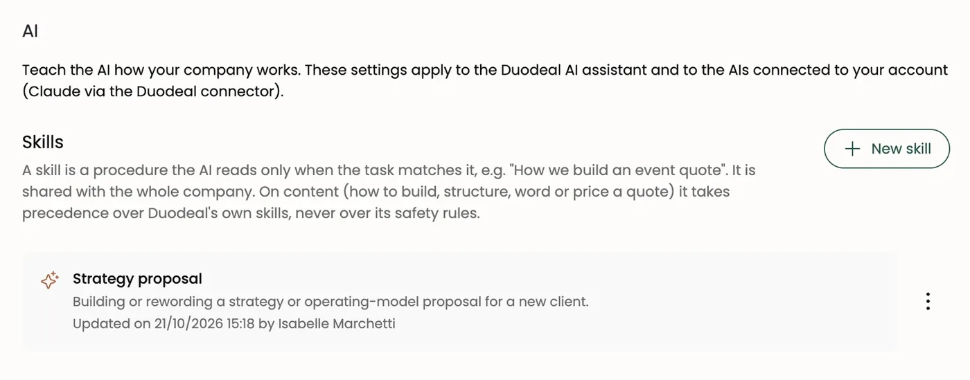 The AI page, with a skill