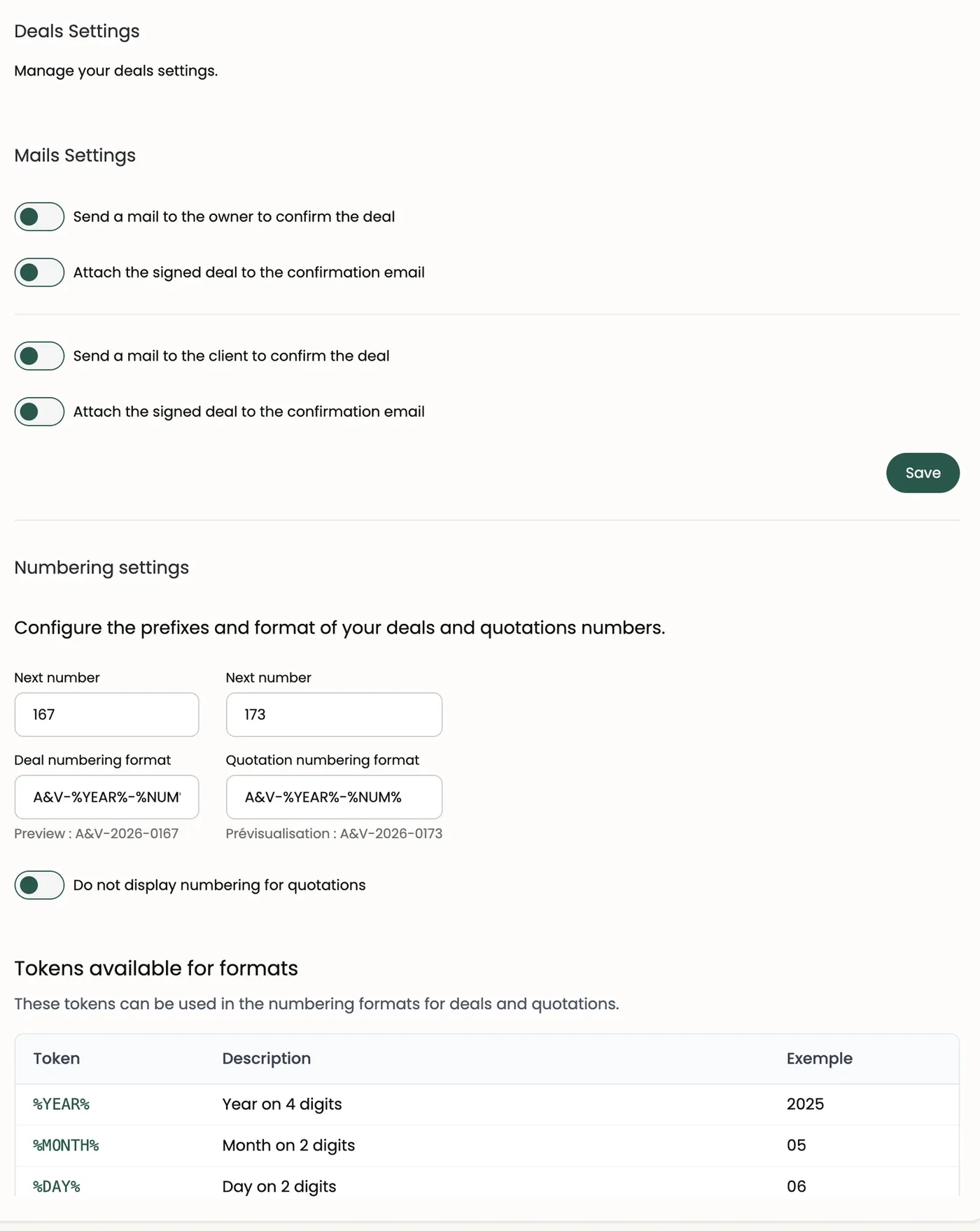 The Deals page: emails and numbering